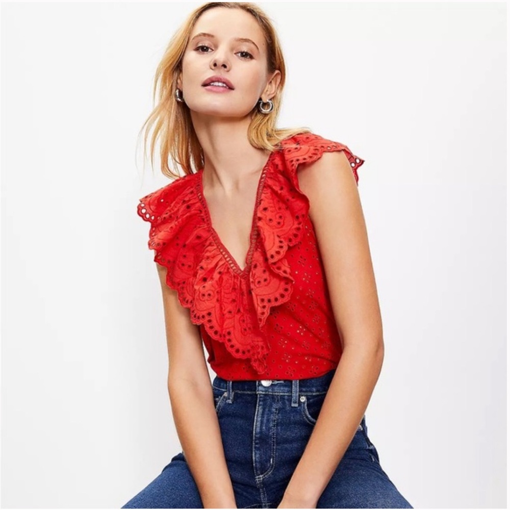 LOFT Eyelet V-Neck Tank Top with Ruffle V-Neck Vivid Red size Large